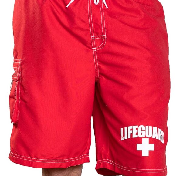 Officially Licensed Red Men's Board Shorts Swim Trunks with Side Pocket, Men and